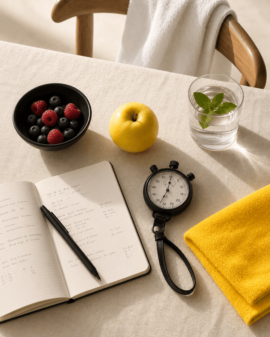 Notebook, fruit, water and a stopwatch on a table
