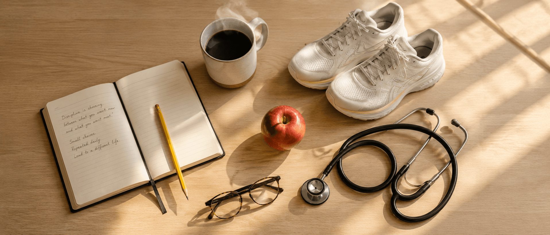 Editorial flat-lay representing health, training, and lifestyle